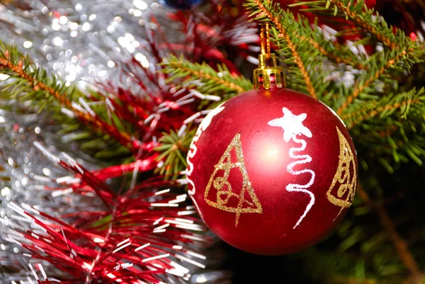 Red xmas ball hanging on fir tree — Stock Photo, Image