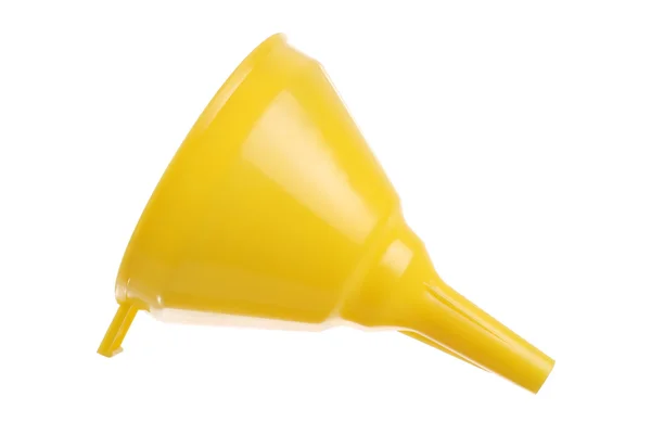 Yellow plastic funnel on white — Stock Photo, Image