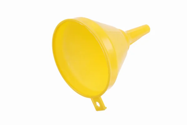 Yellow plastic funnel on white — Stock Photo, Image