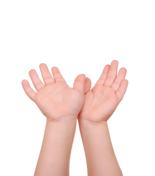 Mani dei bambini palme verso l'alto su bianco — Foto Stock