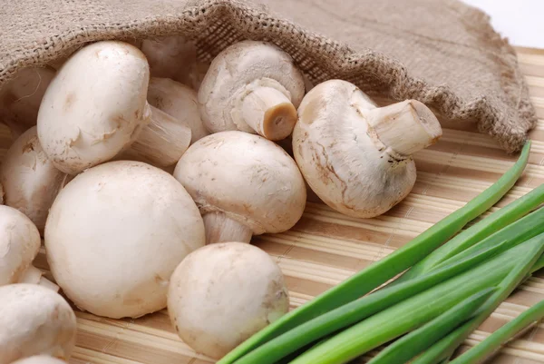 Champinhons e cebola em um tapete — Fotografia de Stock