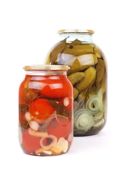 The clear glass jar of colorful pickled vegetables — Stock Photo, Image