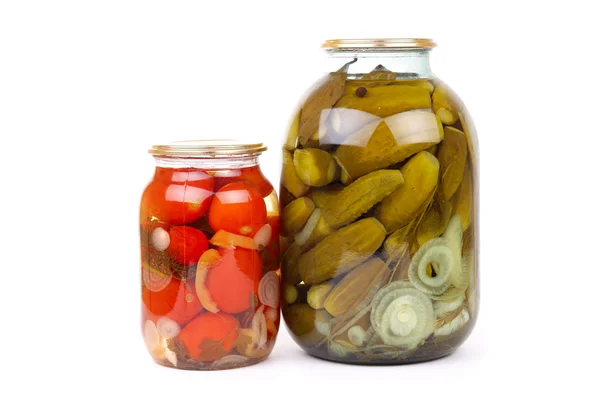 The clear glass jar of colorful pickled vegetables — Stock Photo, Image