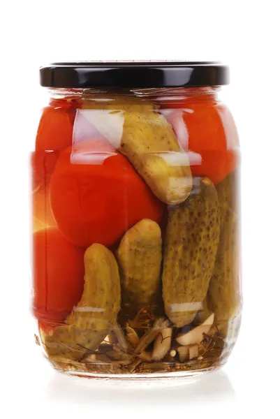 The clear glass jar of colorful pickled vegetables — Stock Photo, Image