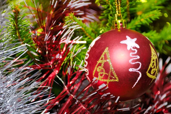 Red xmas ball hanging on pine twig Stock Photo