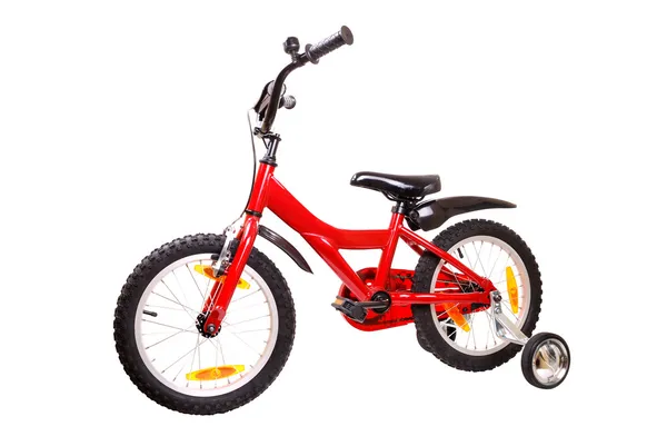 Nowy czerwony dzieci roweru na białym — Zdjęcie stockowe