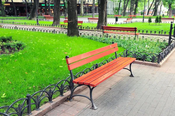 Bench in park after rain — Stock Photo, Image