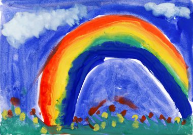 çocuğun çizim suluboya. Rainbow ile peyzaj