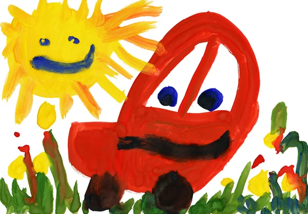 Disegno per bambini acquerello. Macchina giocattolo su prato e sole — Foto Stock