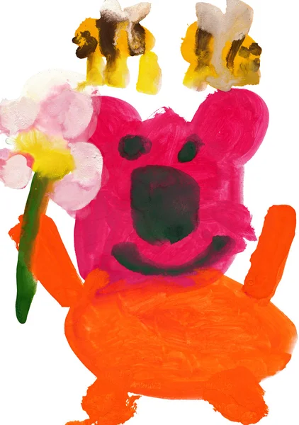 Child's drawing watercolor. Bear with flower and bees — Stock Photo, Image