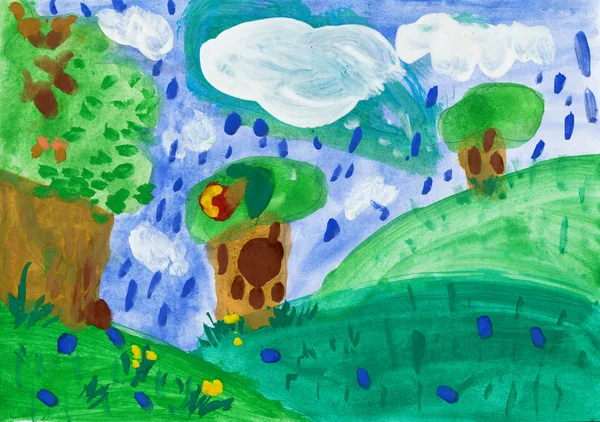 Disegno per bambini acquerello. Paesaggio con alberi e pioggia — Foto Stock