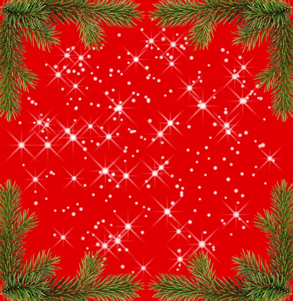 Červené vánoční rám s jiskry z jedle větví — Stock fotografie