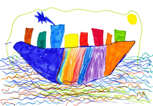 Ciudad en barco y niños del mar —  Fotos de Stock