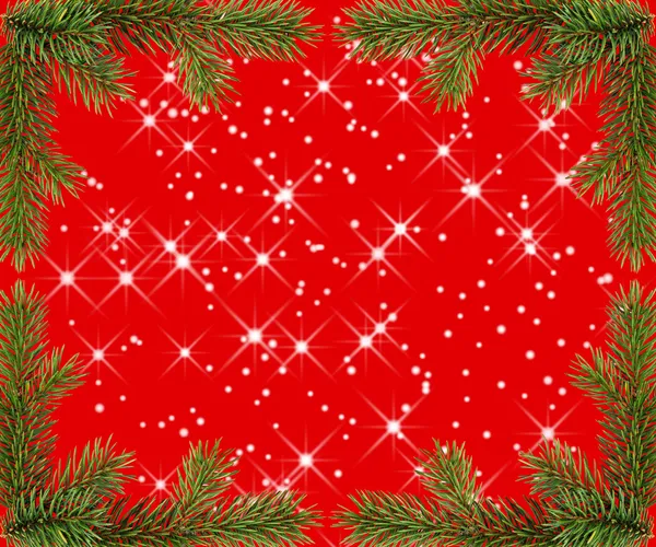 Red christmas frame with sparkles from fir branches — Stock Photo, Image