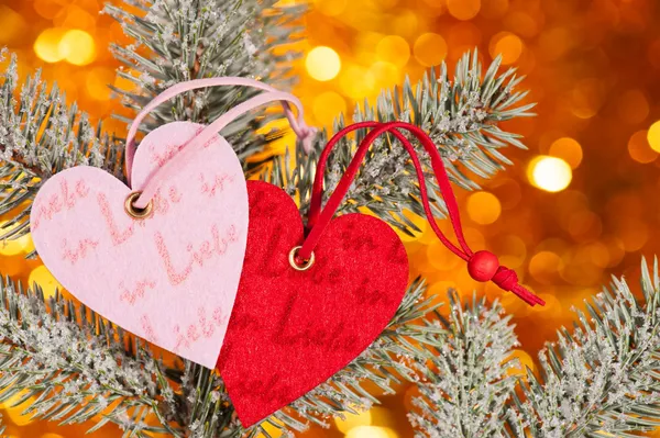 Two hearts on christmas fir tree branch — Stock Photo, Image