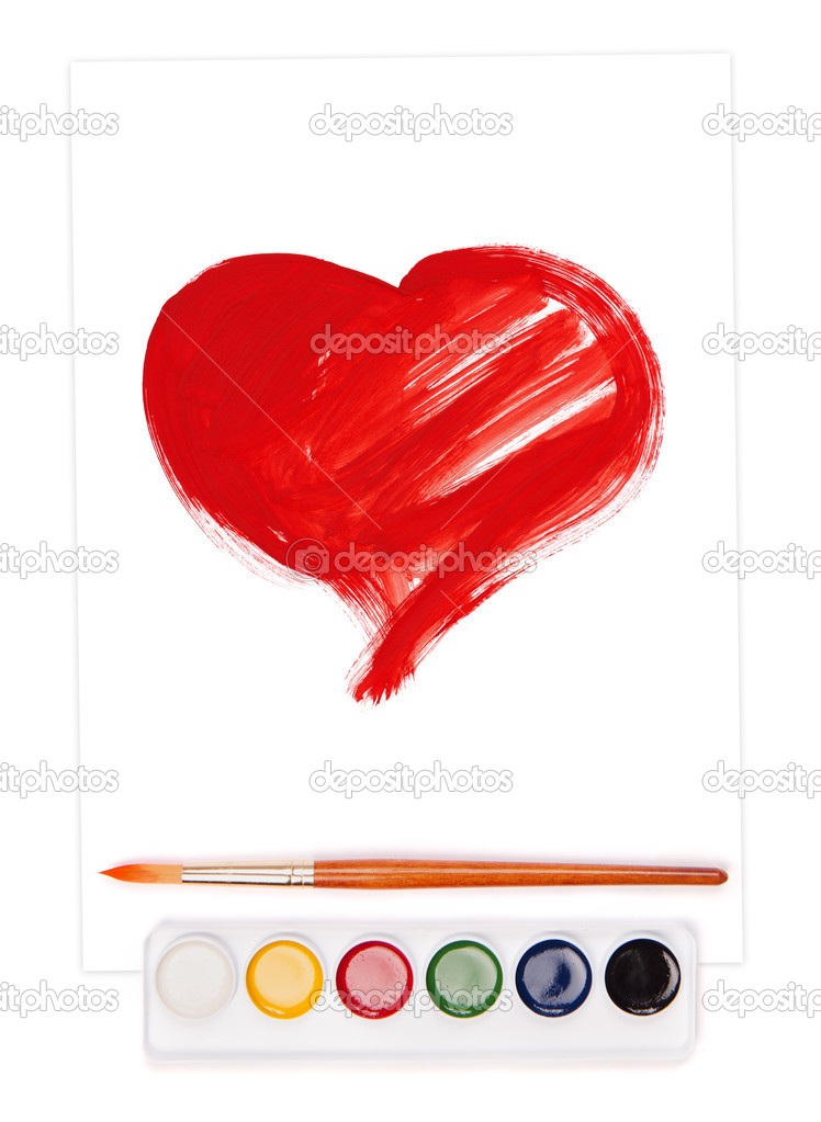 Painted heart, watercolor set and brush Stock Photo by ©soleg 17890397