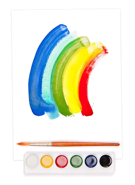 Painted rainbow, watercolor set and brush — Stock Photo, Image