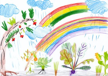 Rainbow ile peyzaj. Çocuk