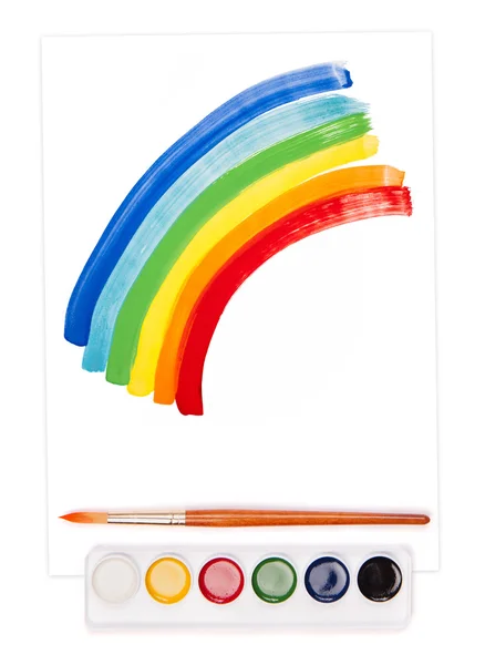 Painted rainbow, watercolor set and brush — Stock Photo, Image