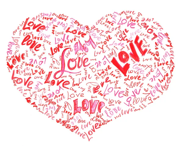 Corazón dibujado por un lápiz lleno de palabras de amor —  Fotos de Stock