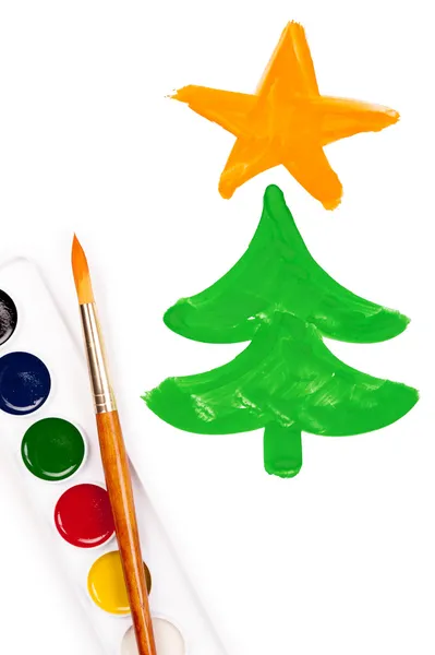 Painted fir tree and watercolor set — Stock Photo, Image