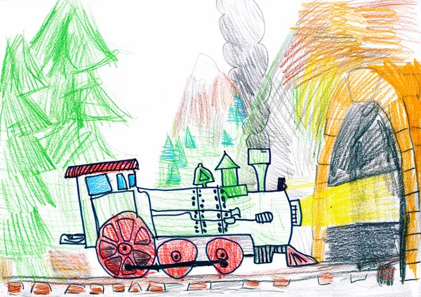 蒸気の鉄道、地下鉄に行きます。子供の図面. — ストック写真