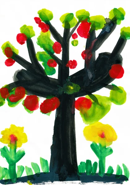 Árbol con manzanas, pintura acuarela —  Fotos de Stock