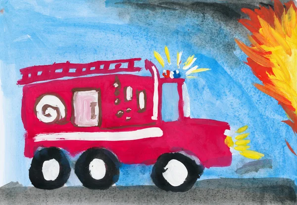 Wóz strażacki. rysunek dziecka. — Zdjęcie stockowe