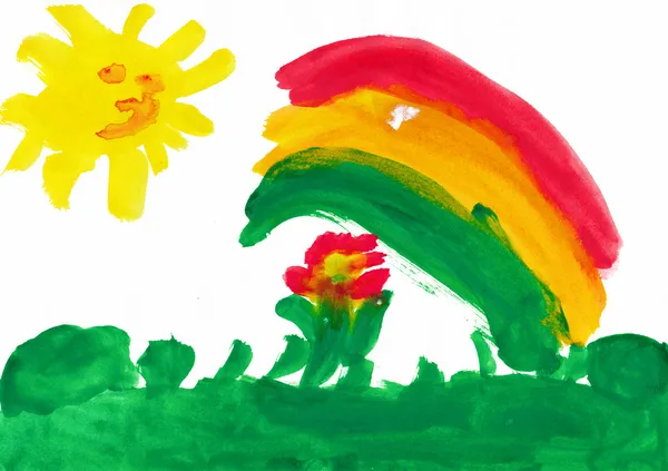 Paisagem com arco-íris. desenho da criança . — Fotografia de Stock