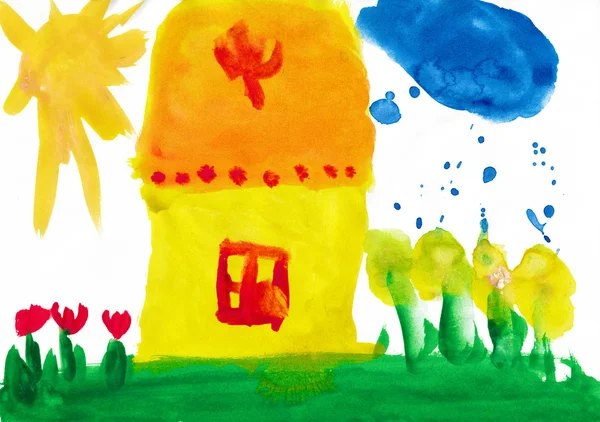 Domu i łąki. rysunek dziecka. — Zdjęcie stockowe