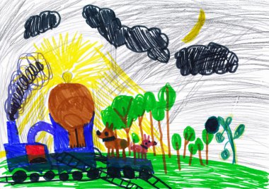 Köpekler Geceleri Trende seyahat. çocuğun çizim.