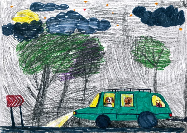 Dogs travel on auto at night. child's drawing. — Stock Photo, Image