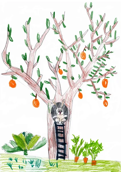 Träd med kanin i en fördjupning. barns teckning. — Stockfoto