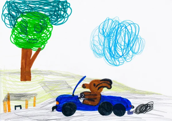 Hond besturen van een auto. kind tekening. — Stockfoto