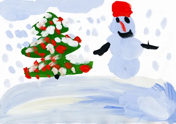 Снеговик с рождественской елкой. Детский рисунок . — стоковое фото