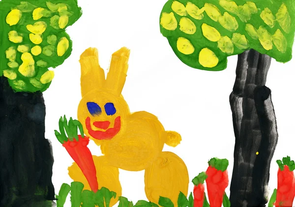 Rabbit with carrot. Child's drawing. — Stock Photo, Image