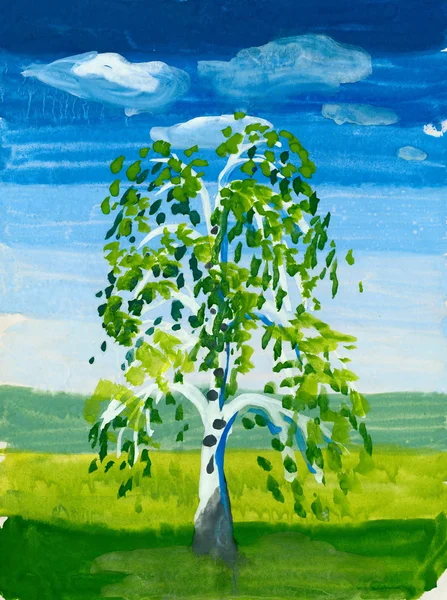 Árbol en el campo. acuarela pintura —  Fotos de Stock