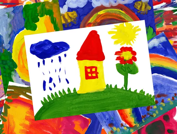 Home on meadow with illustration collage — Stock Photo, Image
