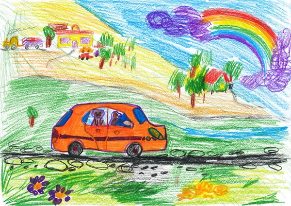 Dog travel on auto. child's drawing — Stock Photo, Image