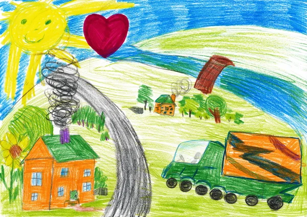 Harvesting and village. child's drawing — Stock Photo, Image