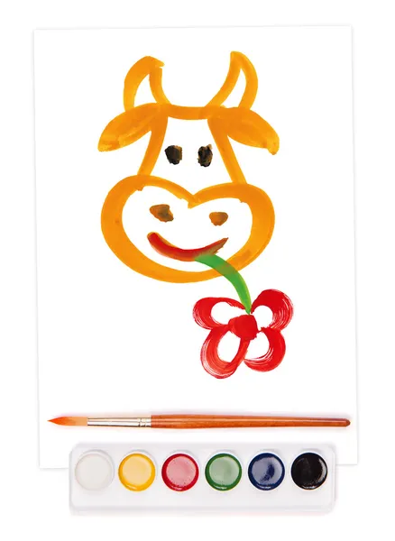 Painted cow, watercolor set and brush — Stock Photo, Image