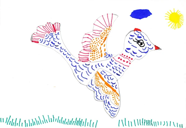 Ptak na łące. rysunek dziecka — Zdjęcie stockowe