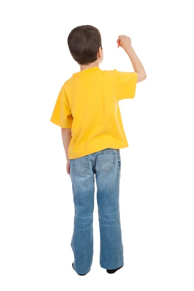 Junge im gelben T-Shirt schreibt Marker — Stockfoto