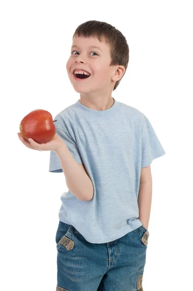 Boy with apple on white — Stock Photo, Image