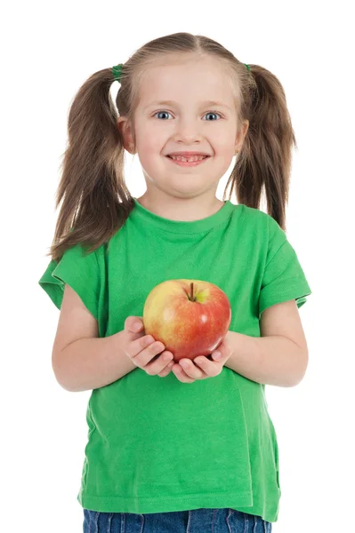 Mädchen mit Apfel auf Weiß — Stockfoto