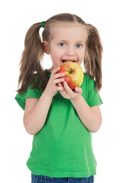 Meisje eet appel op wit — Stockfoto