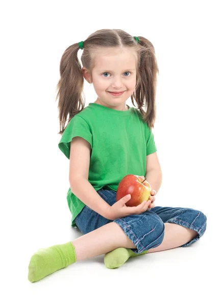 Girl with apple on white — Stock Photo, Image