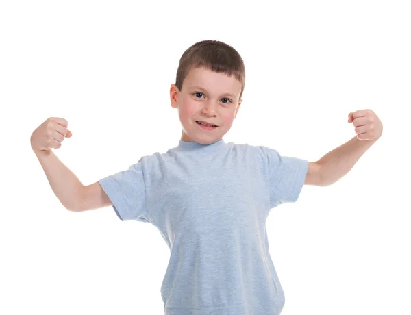 Boy show biceps isolated — Stock Photo, Image