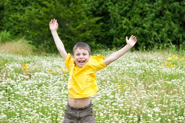 Dreng hoppe på blomst eng - Stock-foto