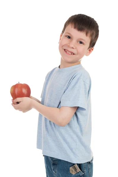 Boy with apple on white — Stock Photo, Image